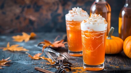 Halloween pumpkin flavored cocktails with whipped cream on top