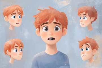 Sticker - Emotional face cartoon character young office man 3/4 side view design vector illustration set. Happy, smiling, upset, surprised, sad, angry, shouting red hair person flat style concept