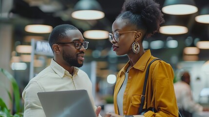 Poster - African american male and female colleague using laptop and talking standing in office copy space : Generative AI