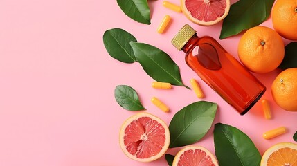 Poster - Citrus fruit and fresh leaves spreading out of pill bottle on pastel pink background Creative supplementary health food nutrition Boost immune system with vitamin tablets Flat lay copy : Generative AI