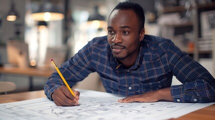 Poster - Black man office and drawing on blueprint with pencil for planning a building design layout and project as architect Table construction and engineering person with idea for property re : Generative AI