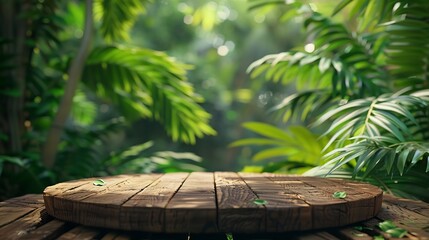 Wall Mural - Wood tabletop podium floor in outdoors tropical garden forest blurred green leaf plant nature backgroundNatural product placement pedestal stand displayjungle paradise concept : Generative AI