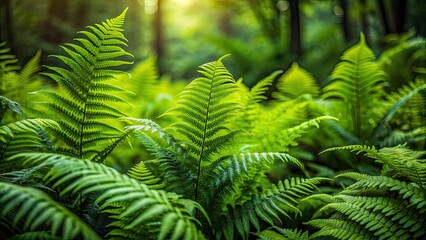 Wall Mural - Close-up of lush green ferns and foliage in a dense forest setting, foliage, greenery, plants, nature, forest, ferns