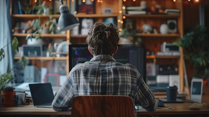 Poster - Rear view of young man sitting at his workspace and using smartphone Blank screen for graphics display montage : Generative AI