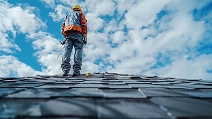 Poster - Repair and replacement of the old roof with a new one Construction worker in protective clothing standing on roof with tools : Generative AI