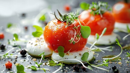 Wall Mural - Tomato Caprese salad with mozzarella and micro sprouts on white background : Generative AI