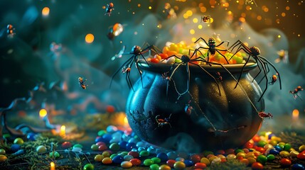 Wall Mural - Halloween spiders and candy in a cauldron