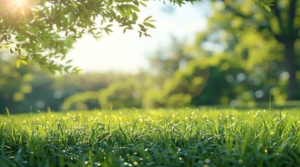 Poster - Blurred photogreen tree background View of the wild grass lawn Light sky : Generative AI