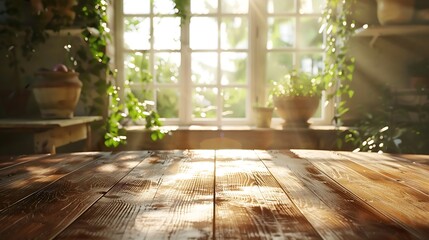 Aufkleber - Wooden table with retro pedestal of free space for your decoration Kitchen interior with window and sun light Empty space for your decoration : Generative AI