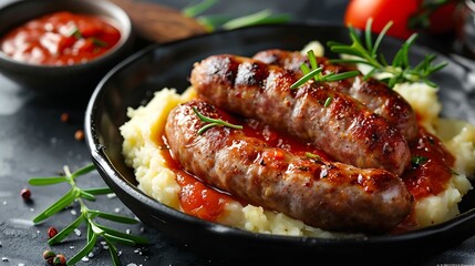 Poster - Devilled Sausages with mashed potato spiced tomato and apple sauce : Generative AI