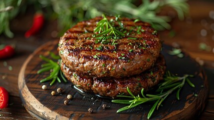 Poster - Grilled burger beef meat patty with herbs and spices on steel plate Wooden background Top view : Generative AI