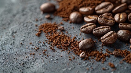 Poster - Roasted coffee beans and ground coffee on  gray background  Copy space Directly above : Generative AI