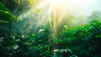 Wall Mural - Rainforest canopy with sunlight, lush and green, tropical setting, copy space