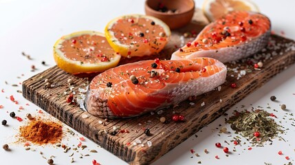 Poster - Wooden board with raw salmon steaks and different spices on white background : Generative AI