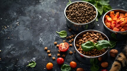 Two metal bowls with food for cats and dogs Canned wet pet food with vegetables and spinach and dry granulated feed Balanced nutrition for dogs and cats Choosing a healthy balanced pet : Generative AI