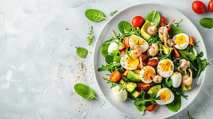 Poster - Healthy salad with squid and avocado on white plate with harsh shadows Calamari salad with vegetables and eggs on white background with shadows of leaves Summer food menu : Generative AI