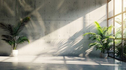 Blank concrete wall in modern empty room with tropical plant garden Luxury house interior with green palm trees Minimal architecture design : Generative AI