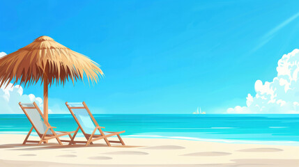 Canvas Print - Relax on soft sand under a thatched umbrella, enjoying peace and sun with comfy chairs waiting for you.