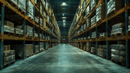Aufkleber - Large storage warehouse There is a walkway in the middle between the shelves : Generative AI