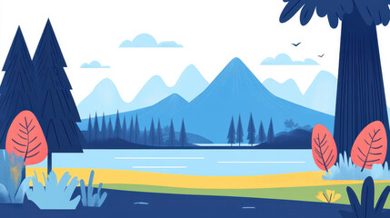 Sticker - Experience the calm of a peaceful lake with stunning mountains, tall trees, and a serene atmosphere in this beautiful scene.