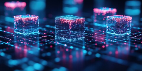 Poster - Futuristic Digital Cubes on a Glowing Grid Network