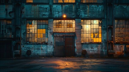 Aufkleber - exterior of big old warehouse with windows at night : Generative AI