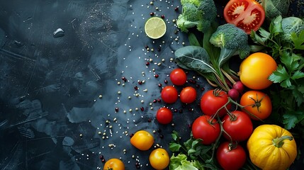 Wall Mural - Fresh vegetables fruits and seeds on black table flat lay : Generative AI