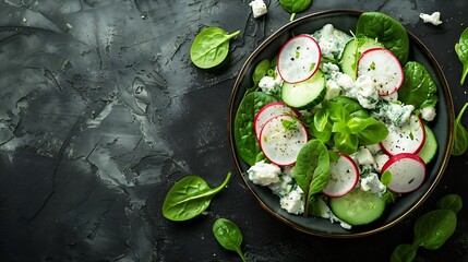 Wall Mural - Spinach and cottage cheese fresh green vegetable salad with radish cucumber and yogurt healthy diet food top view : Generative AI