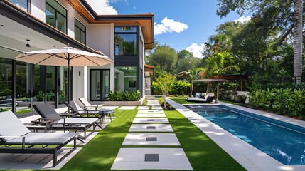 Florida USA September Backyard of a modern house with swimming pool artificial grass stone path trees chairs and an umbrella : Generative AI