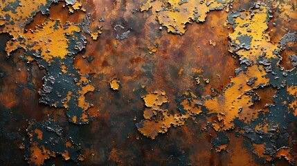 Poster - orange rust stains on weathered steel plate or top view yellow iron table and old brown metal wall from moisture to tetanus for dirty dark board background to red blue retro backdrop a : Generative AI