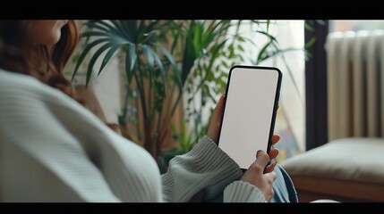 Poster - Mockup image of a woman holding and using mobile phone with blank desktop white screen at home : Generative AI