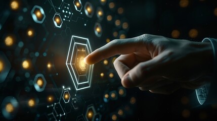 Fototapete - Businessman touching and pressing hexagon honey screen display hologram button interface by finger on dark black background Internet and Virtual Reality concept Business and technology : Generative AI