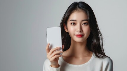 Aufkleber - beautiful Asian young woman showing big smart phone with blank screen  white screen empty copy space for advertising banner isolated on white background  Mock Up Image : Generative AI