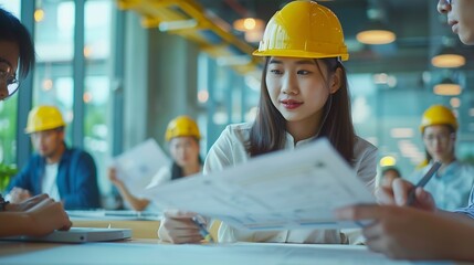 Poster - Diverse engineer team working at the office table with construction plans and architect equipment and planning construction project Focus on an asian vietnamese woman team leader holdi : Generative AI