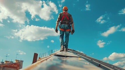 Poster - Roofing on rooftop Builder roofer install new roof Construction worker roofing on a large roof apartment building development Roofer carpenter working on roof structure construction si : Generative AI