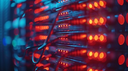 Fototapete - blur technology data center room defocus fiber optic cable and network router switch in data center room for background and wallpaper : Generative AI