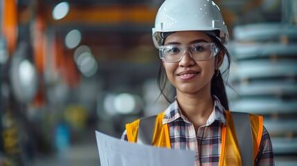 Aufkleber - Asian woman engineer holding document smiling at construction site Confident female Indian wearing protective helmet and vest working in factory making precast concrete wall for real e : Generative AI