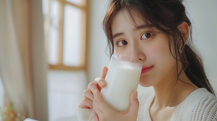 Beautiful beauty Asian woman  cute girl feel happy drinking milk for good health in the morning  enjoying time in her home white bedroom background  lifestyle beauty woman concept : Generative AI