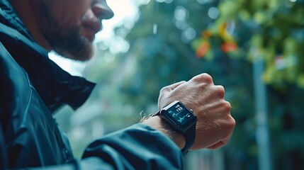 Aufkleber - Mid adult man using smart watch during training Heart monitor beats with wristwatch smart watch or future data on healthcare technology in use of smart watch for health condition : Generative AI