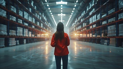 Poster - Industry 40 Modern Warehouse Female Engineer in Empty Warehouse Uses Digital Tablet Computer with Augmented Reality Software for Future Factory or Warehouse Layout Concept Shot of Augm : Generative AI