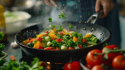 Wall Mural - Closeup image of a female chef cooking fresh mixed vegetables salad in kitchen : Generative AI