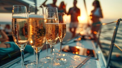 Wall Mural - Blurred Group of People man and woman friends enjoy party drinking champagne together while catamaran boat sailing at summer sunset Male and female relax outdoor lifestyle activity on  : Generative AI