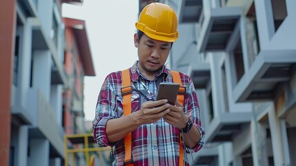 Poster - Construction engineer using mobile smart phone on site during inspection selective focus : Generative AI