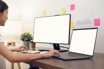 Aufkleber - Businesswoman using computer and hand type on the keyboard, Mockup screen of advertisement.