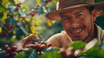 Wall Mural - Latin man picking coffee beans on a sunny day Coffee farmer is harvesting coffee berries Brazil : Generative AI