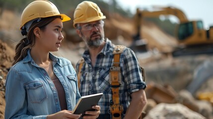 Poster - Hispanic Female Inspector Talking to Caucasian Male Land Development Manager With Tablet On Construction Site Of Real Estate Project Excavators Preparing For Laying Building Foundation : Generative AI