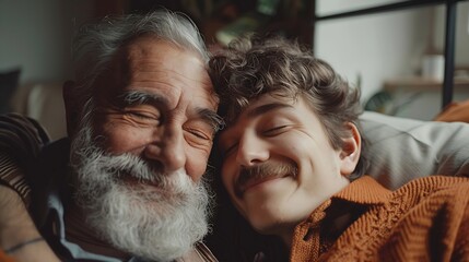 Adult hipster son fun hugging old senior father at home two generations have a beard talking together and relaxing with smile 2 man happy enjoy to living at home in fathers day with lo : Generative AI