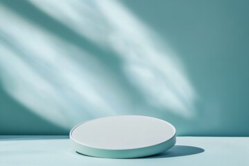 Aufkleber - Minimalist Monochromatic Blue Mockup with Soft Blue Glass Circular Podium, Diffused Lighting, and Delicate Shadows in Modern Clean Design