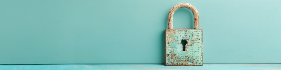 Aufkleber - Flat Lay of Tablet with Lock Icon on Turquoise Background Highlighting Data Safety in a Minimalist Style