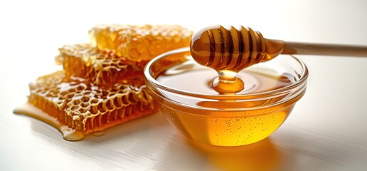 Wall Mural - Honeycomb and honey in a bowl, with a wooden dipper dripping honey. This image could be used in food, beauty or health contexts.